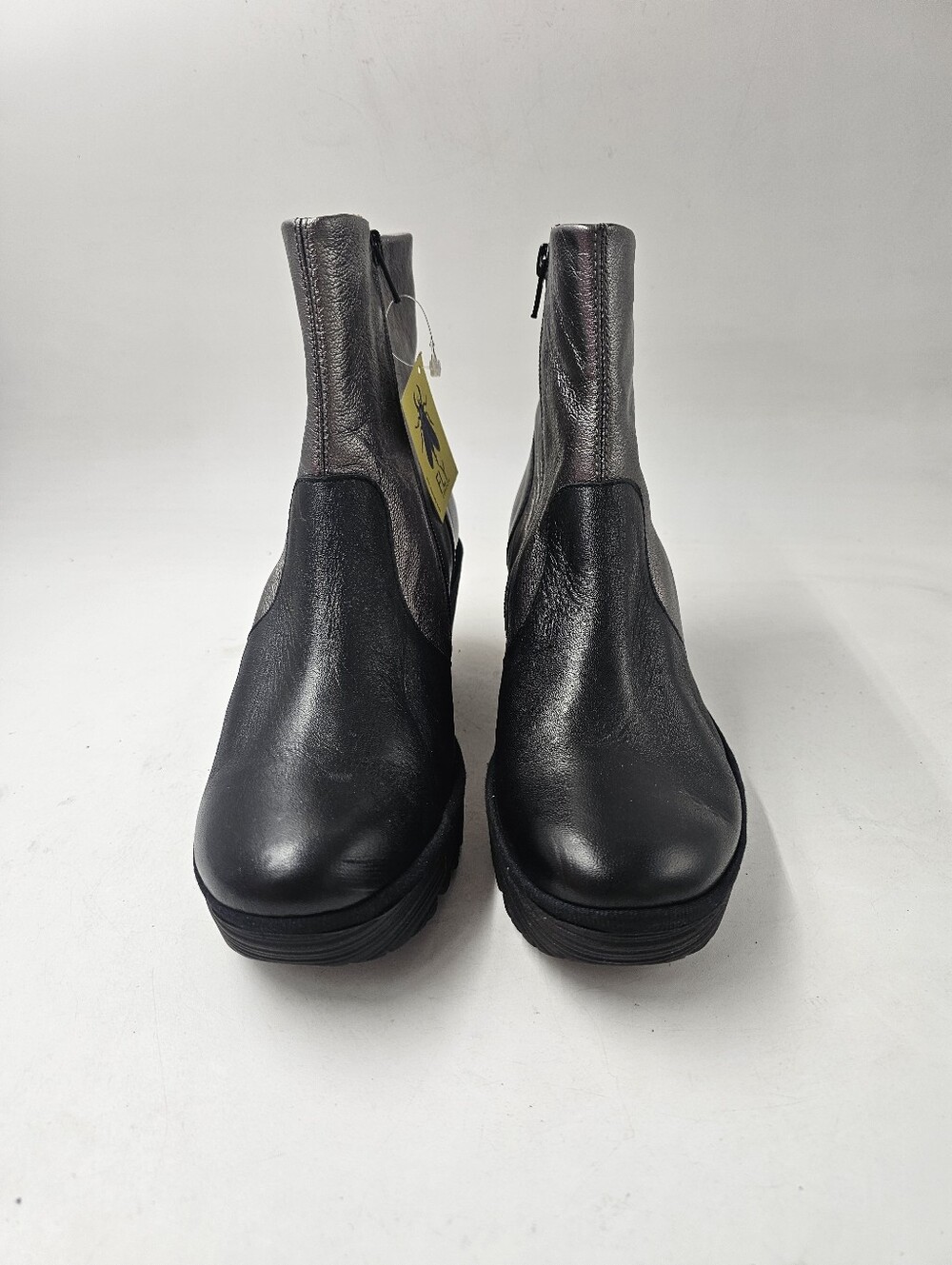 Fly London Yuxi Metallic Leather Wedge Ankle Boots Black Graphite EU40 US9 NWOB - Picture 2 of 8
